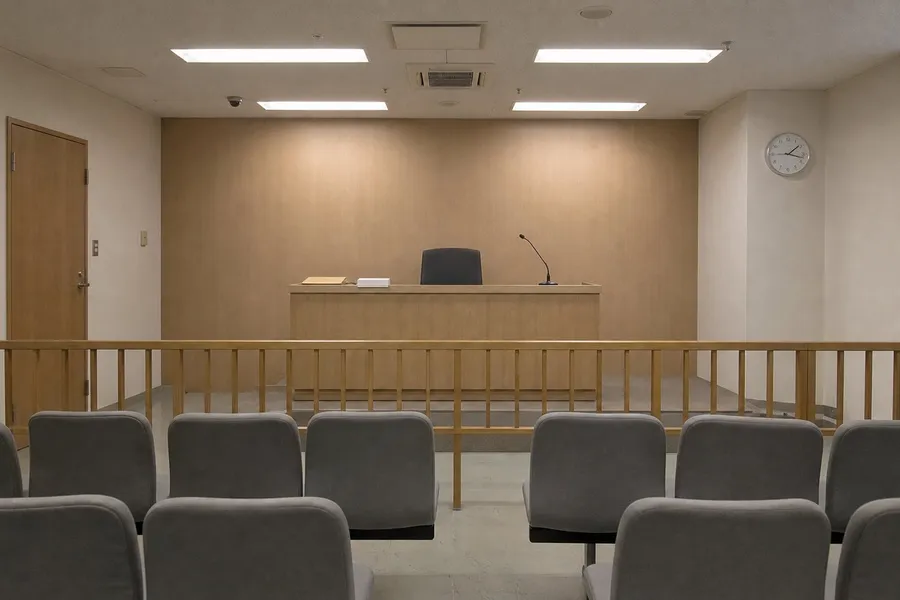 An empty Japanese summary courtroom seen from the public gallery. A single judge's bench of pale wood stands on a low platform behind a waist-high wooden rail, with a closed document folder and a microphone on it. Rows of grey fabric chairs are unoccupied. Nobody is present.