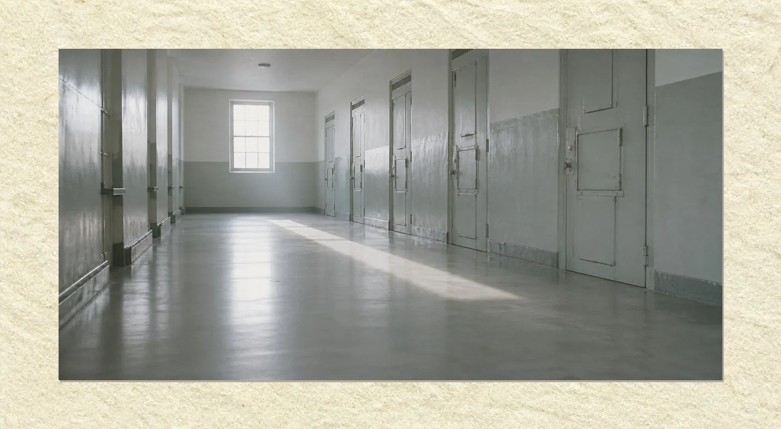 An empty institutional corridor at dawn, seen down its length. A row of identical heavy steel doors with small closed hatches runs along the right-hand wall. Cold light from a high window at the far end lays a long pale rectangle across the polished concrete floor. Nobody is present.