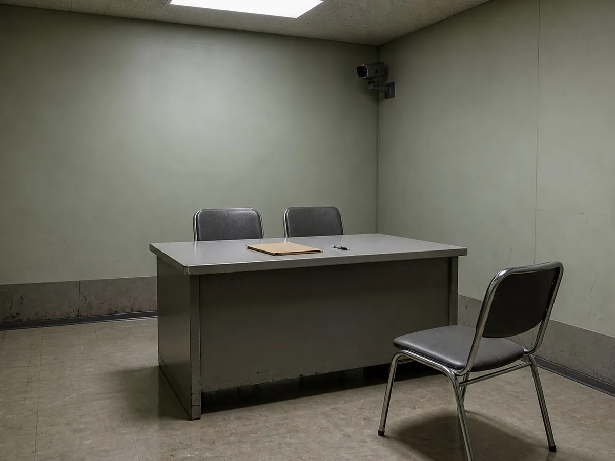 A photograph of a small, windowless interview room with pale grey-green walls and a worn vinyl floor. A plain grey steel desk stands in the centre; on the far side two identical chairs are set side by side, and on the near side a single chair is angled away from the desk as if someone has just risen from it. A closed manila folder and a pen lie on the desk. High in the corner a small video camera on a bracket points down at the near chair. A single fluorescent panel lights the room. No people are present. AI-generated photo illustration; not a photograph of any real room or proceeding.