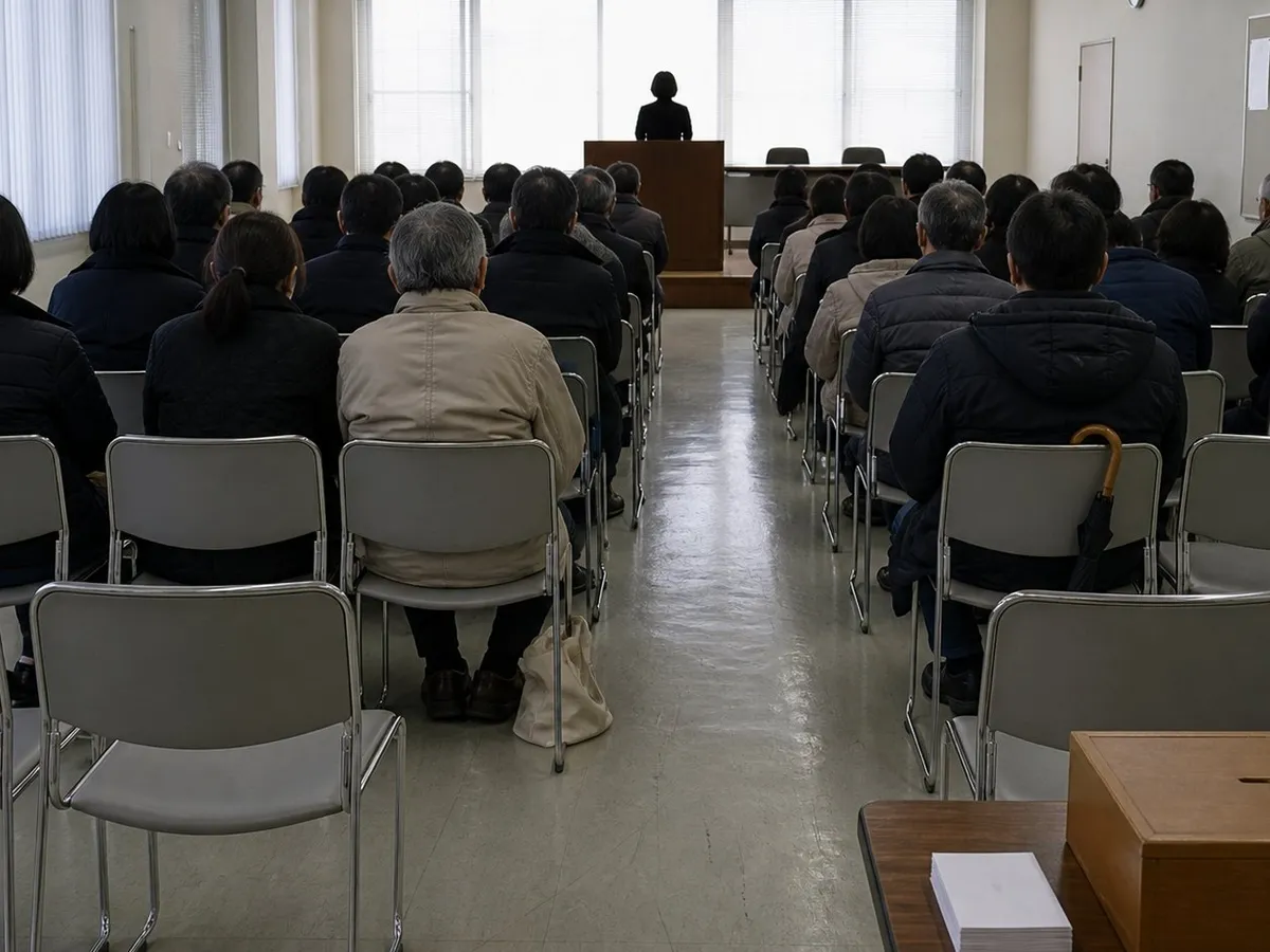 A wide photograph of a plain civic room, taken from behind the last row of chairs. About twenty-five adults in winter coats sit in rows facing away from the camera, so that only the backs of their heads, their shoulders and their collars are visible; no face is turned towards the room. Grey moulded stacking chairs on chrome legs stand empty in the nearest rows and at the edges, a folded umbrella hangs from one chair back and a pale canvas bag rests on the floor beside a pair of shoes. At the far end a member of staff stands at a wooden lectern, reduced to a dark silhouette against tall windows with half-open vertical blinds, with a long table and three empty chairs behind. On a side table in the near right corner sit a closed wooden box with a slot in its lid and a neat stack of small paper slips lying face down. Sheets pinned to a noticeboard on the right wall are too soft to read.