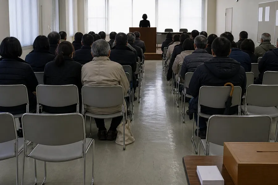 A wide photograph of a plain civic room, taken from behind the last row of chairs. About twenty-five adults in winter coats sit in rows facing away from the camera, so that only the backs of their heads, their shoulders and their collars are visible; no face is turned towards the room. Grey moulded stacking chairs on chrome legs stand empty in the nearest rows and at the edges, a folded umbrella hangs from one chair back and a pale canvas bag rests on the floor beside a pair of shoes. At the far end a member of staff stands at a wooden lectern, reduced to a dark silhouette against tall windows with half-open vertical blinds, with a long table and three empty chairs behind. On a side table in the near right corner sit a closed wooden box with a slot in its lid and a neat stack of small paper slips lying face down. Sheets pinned to a noticeboard on the right wall are too soft to read.