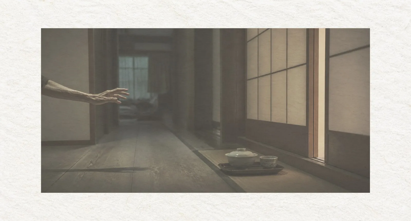 A dim corridor in an older Japanese house at night. A covered meal tray sits untouched on the floor in front of a closed sliding door, a thin line of warm light escaping along its edge. Only the forearm and open hand of an elderly person enter the frame from the left, reaching toward the door but stopping short of it. No face is visible.