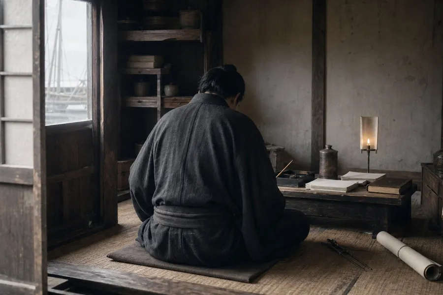 A photograph of a small tatami room in an early nineteenth-century Japanese building, lit softly through a paper screen door. A low writing desk holds a brush resting across a stone inkstone, a small water jar, a stack of plain unmarked paper and a thick foreign leather-bound book lying closed. A candle in a paper shade burns low beside a rolled chart tied with cord. A man in a plain dark kimono kneels at the desk with his back to the camera, shoulders rounded over the work; no face is visible. Through the doorway beyond, the masts and rigging of a ship stand against a pale sky. Ink-stained matting, worn wood, deep quiet. AI-generated photo illustration; not a photograph of any real room, document or person.