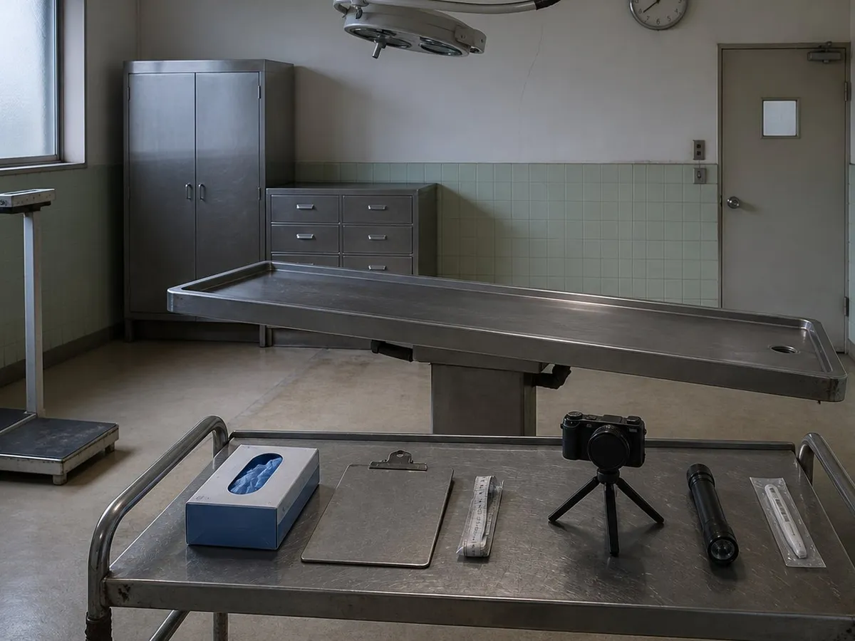 An empty examination room in a Japanese institution, photographed from the doorway before the day's work. A wide stainless steel table stands dry and bare in the middle of the room, tilted slightly toward a drain, with a surgical lamp folded back and switched off above it. In the foreground a scratched steel trolley carries a box of unopened gloves, a metal clipboard with the form face down, a folded measuring tape, a small camera on a short tripod with the lens cap on, and a hand torch. A floor scale stands to the left, a closed steel cabinet with unlabelled drawers behind. Pale green tiles run to waist height, a heavy door with a small square window is shut, and a wall clock reads a few minutes past seven. Nobody is present and nothing is on the table.