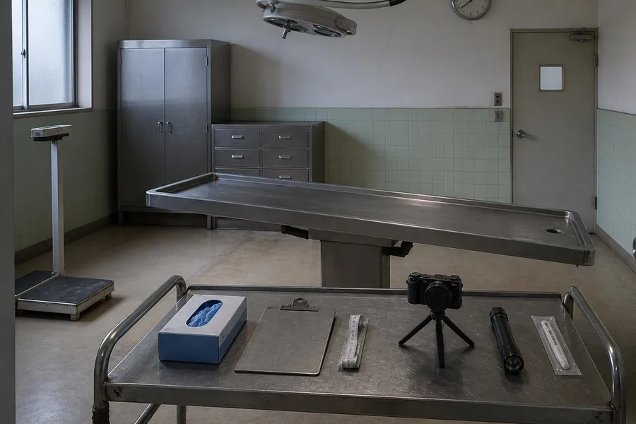An empty examination room in a Japanese institution, photographed from the doorway before the day's work. A wide stainless steel table stands dry and bare in the middle of the room, tilted slightly toward a drain, with a surgical lamp folded back and switched off above it. In the foreground a scratched steel trolley carries a box of unopened gloves, a metal clipboard with the form face down, a folded measuring tape, a small camera on a short tripod with the lens cap on, and a hand torch. A floor scale stands to the left, a closed steel cabinet with unlabelled drawers behind. Pale green tiles run to waist height, a heavy door with a small square window is shut, and a wall clock reads a few minutes past seven. Nobody is present and nothing is on the table.