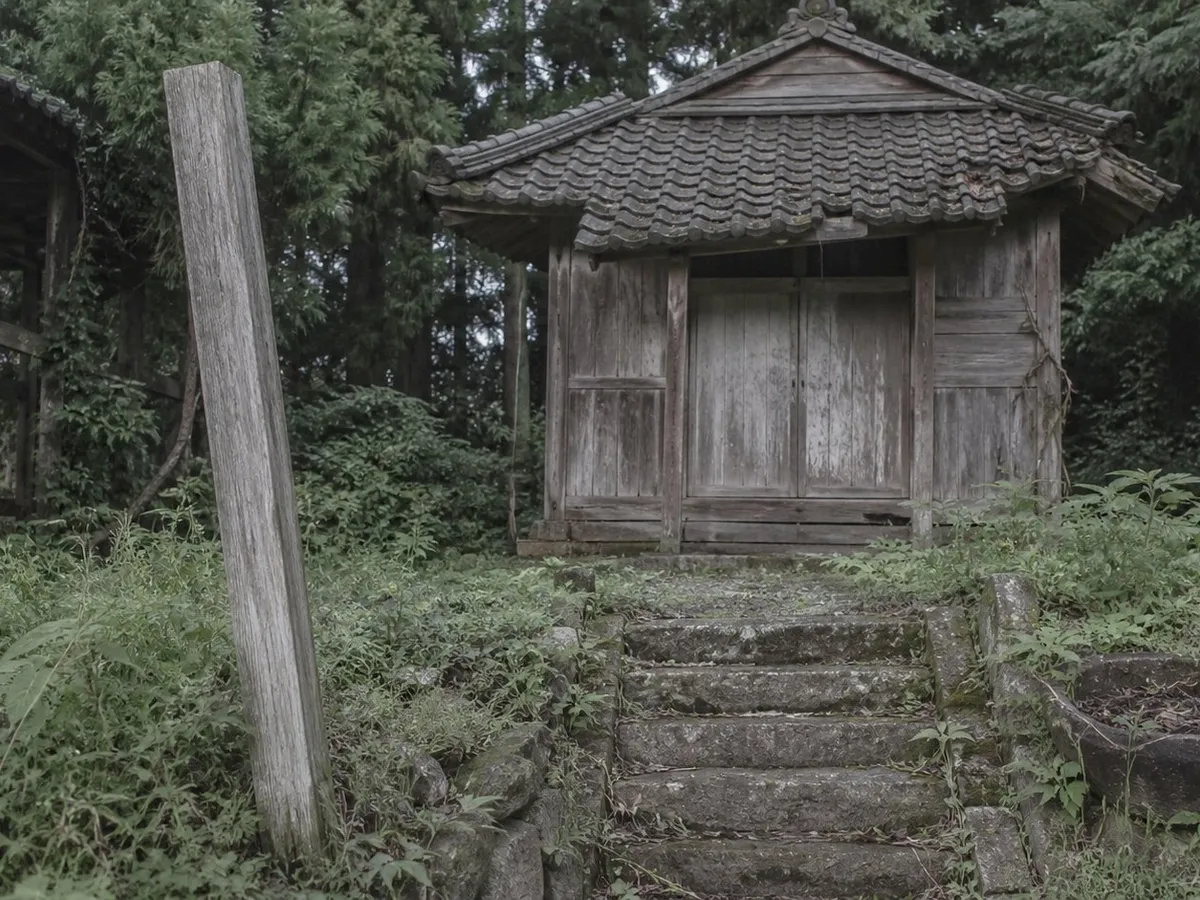 A photograph of a very small disused religious hall in the Japanese countryside in flat afternoon light. A short flight of worn stone steps, overgrown with tall summer weeds, leads up to a modest wooden building with a low tiled roof and closed weathered doors. A wooden gatepost leans out of true, a cracked stone basin holds dead leaves, the paint has gone from the timber and one roof tile has slipped. Cedar trees crowd in behind. Nobody is present and nothing suggests recent use. AI-generated photo illustration; not a photograph of any real building or organisation.
