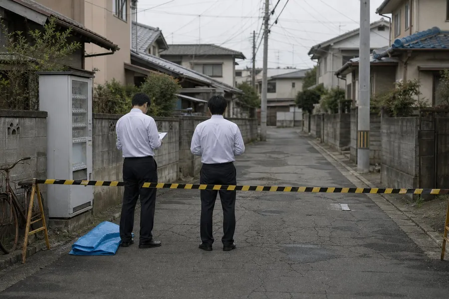 A photograph of a narrow residential back street in a Japanese town on an overcast morning, closed off across its width by plain striped barrier tape strung between two folding stands. Beyond the tape the street is empty: cracked asphalt, a low concrete block wall, a rusted bicycle, a drinks vending machine, grey utility poles carrying bundled cables, and small tiled-roof houses pressed close together. Two figures in dark trousers and pale shirts stand just inside the tape with their backs to the camera, one writing on a clipboard, the other looking away down the street; no faces and no insignia are visible. A folded blue plastic sheet lies on the ground beside them. AI-generated photo illustration; not a photograph of any real place, case or person.
