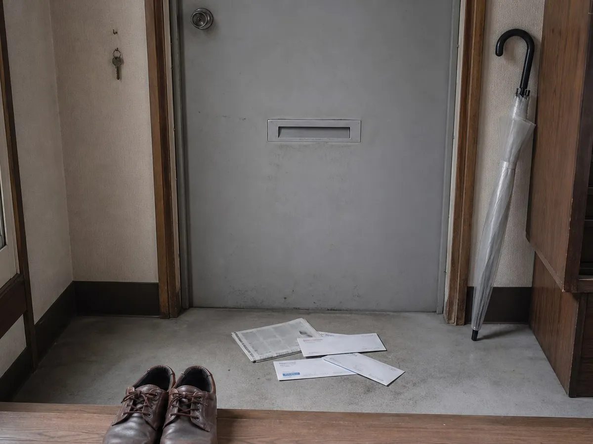 The inside of a small Japanese apartment entrance, photographed from within the room. A steel door with a letter slot stands closed. On the concrete floor of the sunken entrance below it lie a folded newspaper and several envelopes, left where they fell through the slot. A pair of men's worn leather shoes sits squared against the raised wooden step, toes pointing at the door. A clear plastic umbrella leans against the wall to the right. Weak daylight comes from a frosted window on the left. Nobody is present.