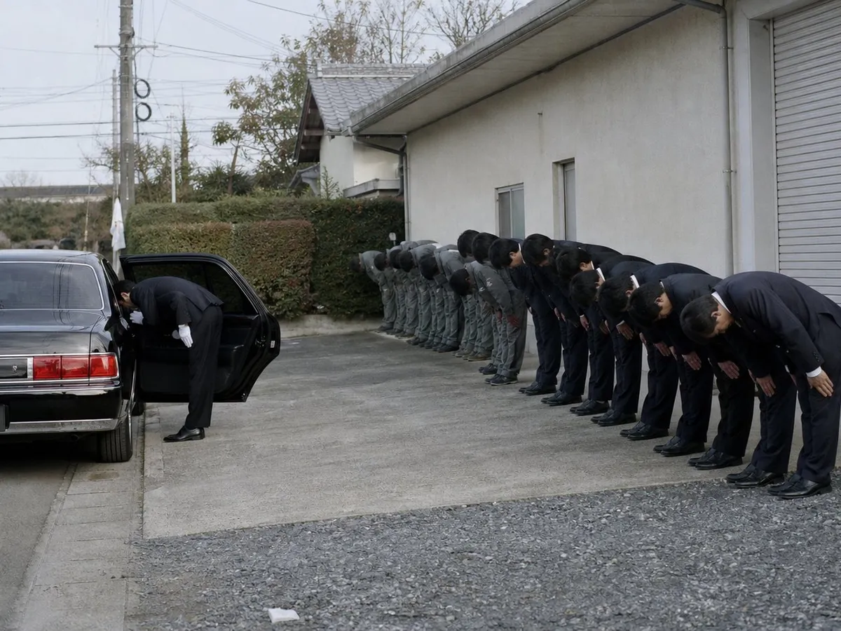 A photograph of a concrete driveway beside a plain low building on a bright cold morning. A long black chauffeur-driven sedan waits at the kerb with its rear door held open by a driver in a dark suit and white cotton gloves, who is bowing. Along the wall a line of about twelve men bows deeply toward the car in unison, each bent sharply from the waist with the head dropped and hands pressed to the thighs, so that no face is visible; those nearest the car wear dark double-breasted suits and those behind them wear grey work jackets. A rolled steel shutter, a clipped hedge, grey utility poles with bundled cables and gravel at the edge of the concrete. AI-generated photo illustration; not a photograph of any real place, organisation or person.