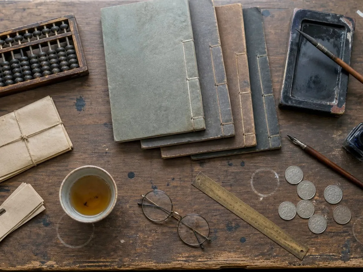 A paymaster's desk in a Japanese government office of the early 1870s, photographed from directly above. A wooden soroban abacus lies at the upper left. Four string-bound ledgers are stacked closed in the centre. To the right are a black lacquer inkstone with a brush across it, a glass ink bottle and a steel-nib pen. Below are a cup of tea half drunk, a pair of folded spectacles, a brass ruler, a bundle of tally slips under a clip, a paper packet tied with string, and eight silver coins. The desk is scratched and ring-stained. Nobody is present.
