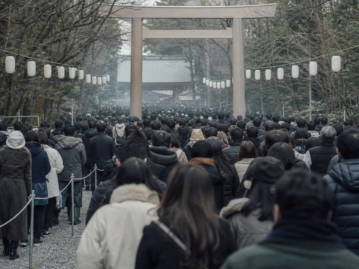 A photograph taken from inside a dense crowd on the gravel approach path to a Japanese shrine at New Year. Hundreds of people in dark winter coats stand shoulder to shoulder, all seen from behind, shuffling slowly toward a large plain wooden gateway that straddles the path ahead; beyond it the crowd continues and the roof of a hall is visible. Plain paper lanterns with nothing written on them hang on a line overhead, bare branches show against a white sky, and a temporary barrier of steel poles and rope runs along one side. Cold winter light, breath and smoke hazing the air. No faces are visible. AI-generated photo illustration; not a photograph of any real place, event or person.