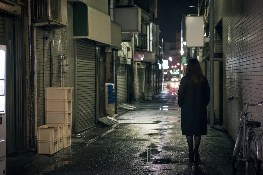 A photograph looking down a narrow back street in a Japanese entertainment district long after midnight. One woman in a plain dark coat stands alone against a tiled wall, seen entirely from behind with no face visible. Shuttered doorways, stacked plastic crates, an air-conditioning unit and a vending machine casting cold light line the alley, and unlit blank signboards project from the walls above. The wet asphalt holds puddles, a bicycle leans against the tiles, and coloured light from the main street glows out of focus at the far end. AI-generated photo illustration; not a photograph of any real street, business or person.