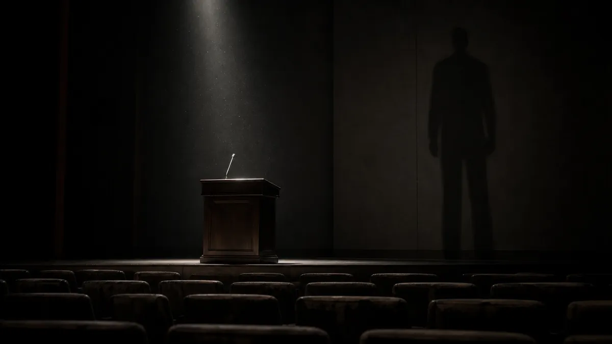 The long shadow of a standing figure falls across the wall behind an empty lectern in a darkened auditorium. AI-generated illustration; the figure casting the shadow is not shown.