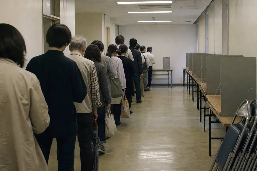 A photograph of a corridor in an ordinary Japanese municipal office set up for early voting, taken from the back of the queue. About twenty people of mixed ages stand in a slow line down the corridor, every one of them seen from behind, some carrying shopping bags, one holding a folded umbrella. Along the wall ahead stands a row of plain plywood writing booths with low grey side panels, each with a short pencil on a string, and a simple grey ballot box waits on a folding table at the end. Worn linoleum, pale institutional walls, fluorescent ceiling panels, a stack of spare folding chairs. No writing appears anywhere. AI-generated photo illustration; not a photograph of any real place, election or person.