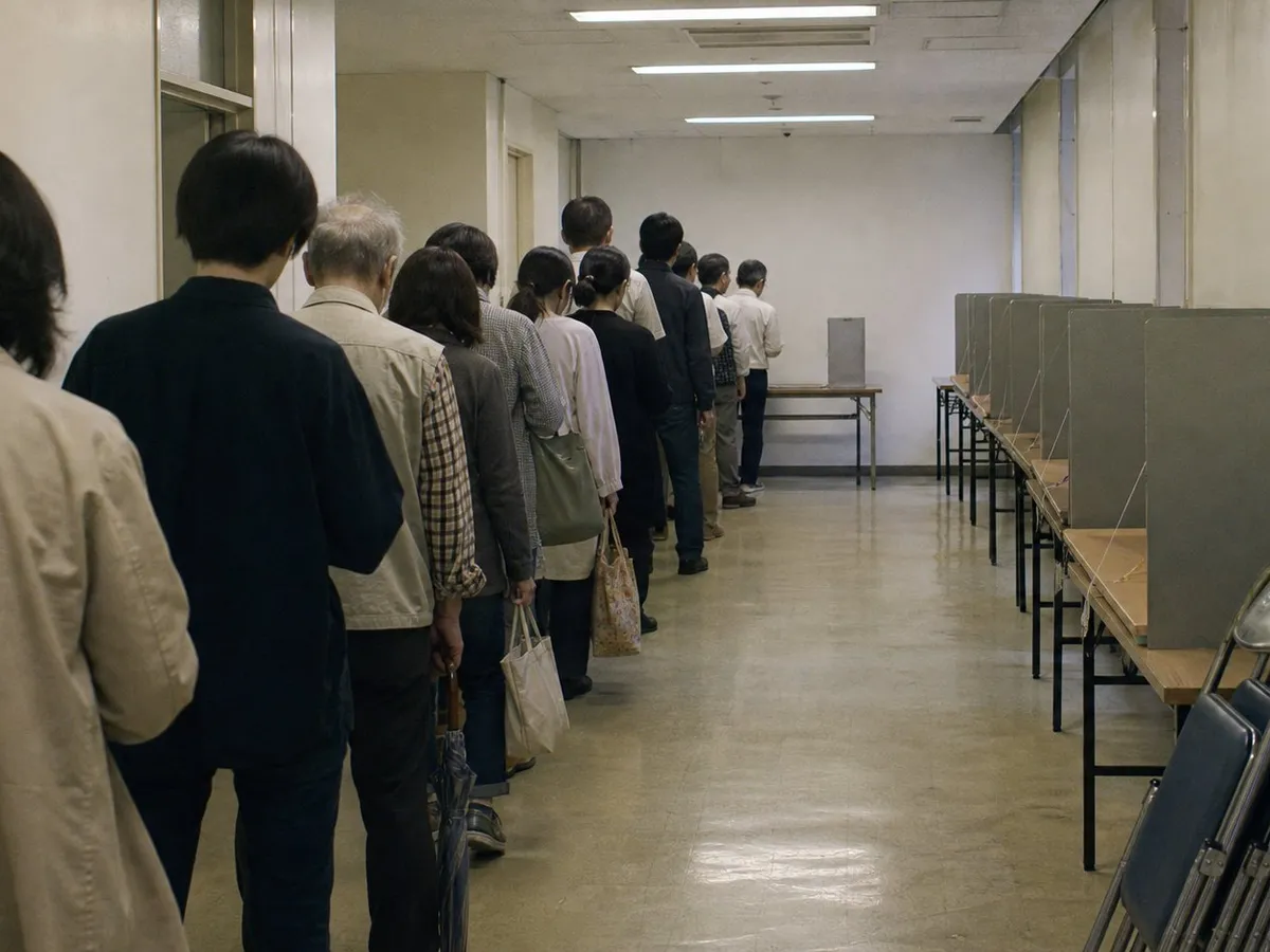 A photograph of a corridor in an ordinary Japanese municipal office set up for early voting, taken from the back of the queue. About twenty people of mixed ages stand in a slow line down the corridor, every one of them seen from behind, some carrying shopping bags, one holding a folded umbrella. Along the wall ahead stands a row of plain plywood writing booths with low grey side panels, each with a short pencil on a string, and a simple grey ballot box waits on a folding table at the end. Worn linoleum, pale institutional walls, fluorescent ceiling panels, a stack of spare folding chairs. No writing appears anywhere. AI-generated photo illustration; not a photograph of any real place, election or person.