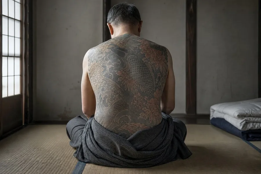 A photograph of a man seated cross-legged on tatami in a dim traditional room, seen from directly behind. His cotton robe is lowered to the waist, revealing a full traditional Japanese back tattoo of waves, chrysanthemums and a carp, its colours faded with age. Only his back and the back of his head are visible; no face and nothing identifiable. He is alone in a bare room with a folded futon in the corner, lit by grey daylight through a paper screen. AI-generated photo illustration; not a photograph of any real person.