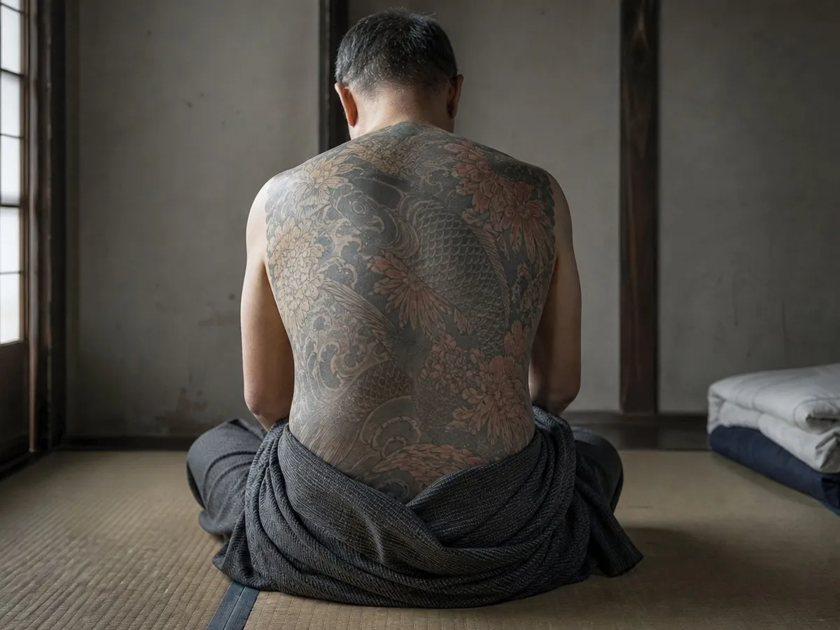 A photograph of a man seated cross-legged on tatami in a dim traditional room, seen from directly behind. His cotton robe is lowered to the waist, revealing a full traditional Japanese back tattoo of waves, chrysanthemums and a carp, its colours faded with age. Only his back and the back of his head are visible; no face and nothing identifiable. He is alone in a bare room with a folded futon in the corner, lit by grey daylight through a paper screen. AI-generated photo illustration; not a photograph of any real person.