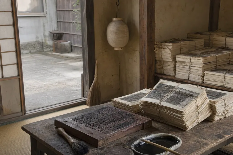 A photograph of a small Japanese print workshop in the early 1870s, empty of people, late in the day. On a low wooden work table in the foreground lie thick stacks of printed almanac sheets on cream washi paper, tied into bundles with paper cord, one stack slumped sideways; beside them a carved wooden printing block lies face up with a brush and a shallow dish of black ink. Behind the table more tied bundles are stacked to waist height against a plaster wall with exposed wooden posts, an unlit paper lantern hangs from a hook, a straw broom leans in the corner, and an open shoji screen shows a grey courtyard. No people are present and no characters on the paper are legible. AI-generated photo illustration; not a photograph of any real place, workshop or person.