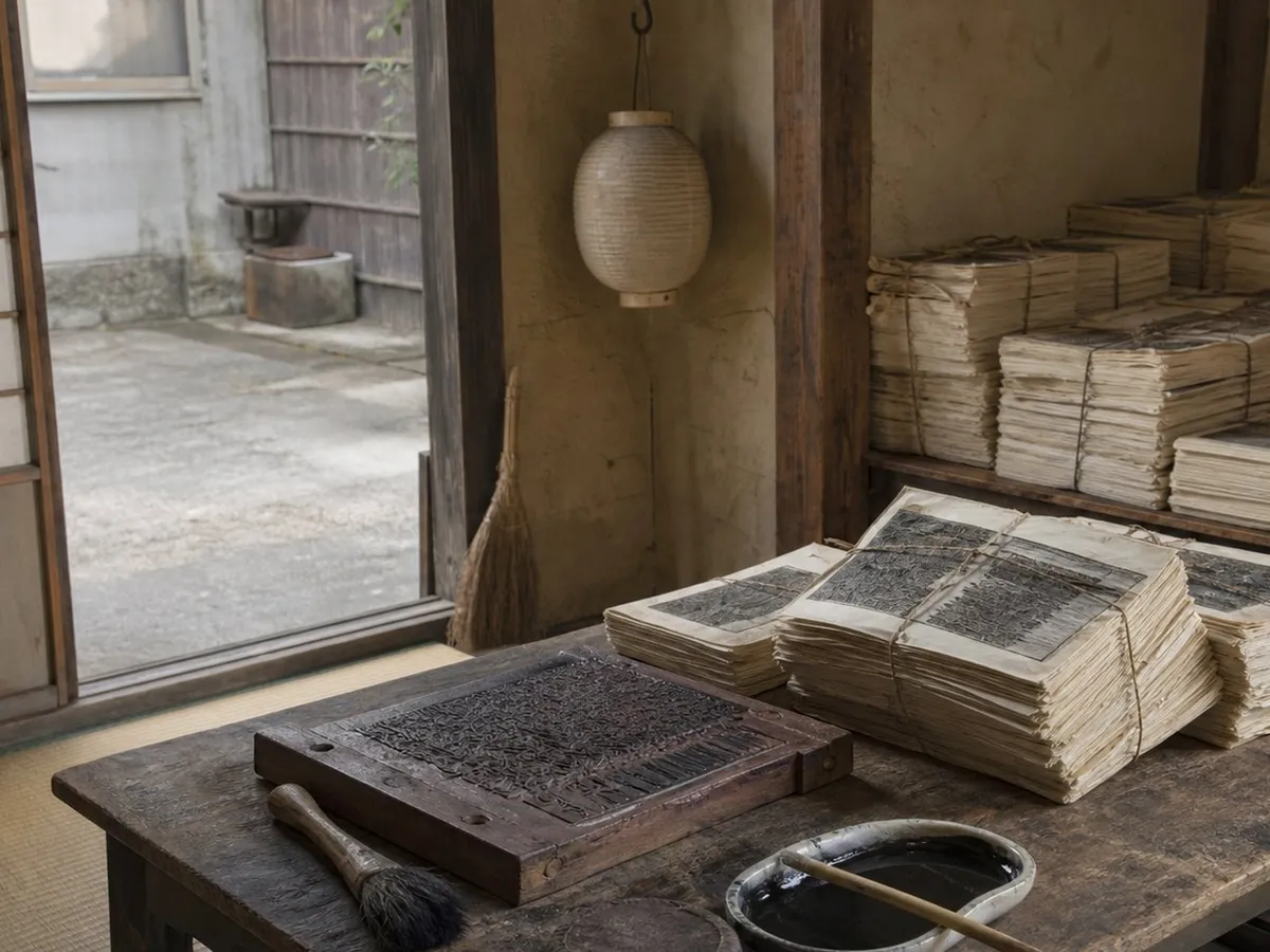 A photograph of a small Japanese print workshop in the early 1870s, empty of people, late in the day. On a low wooden work table in the foreground lie thick stacks of printed almanac sheets on cream washi paper, tied into bundles with paper cord, one stack slumped sideways; beside them a carved wooden printing block lies face up with a brush and a shallow dish of black ink. Behind the table more tied bundles are stacked to waist height against a plaster wall with exposed wooden posts, an unlit paper lantern hangs from a hook, a straw broom leans in the corner, and an open shoji screen shows a grey courtyard. No people are present and no characters on the paper are legible. AI-generated photo illustration; not a photograph of any real place, workshop or person.
