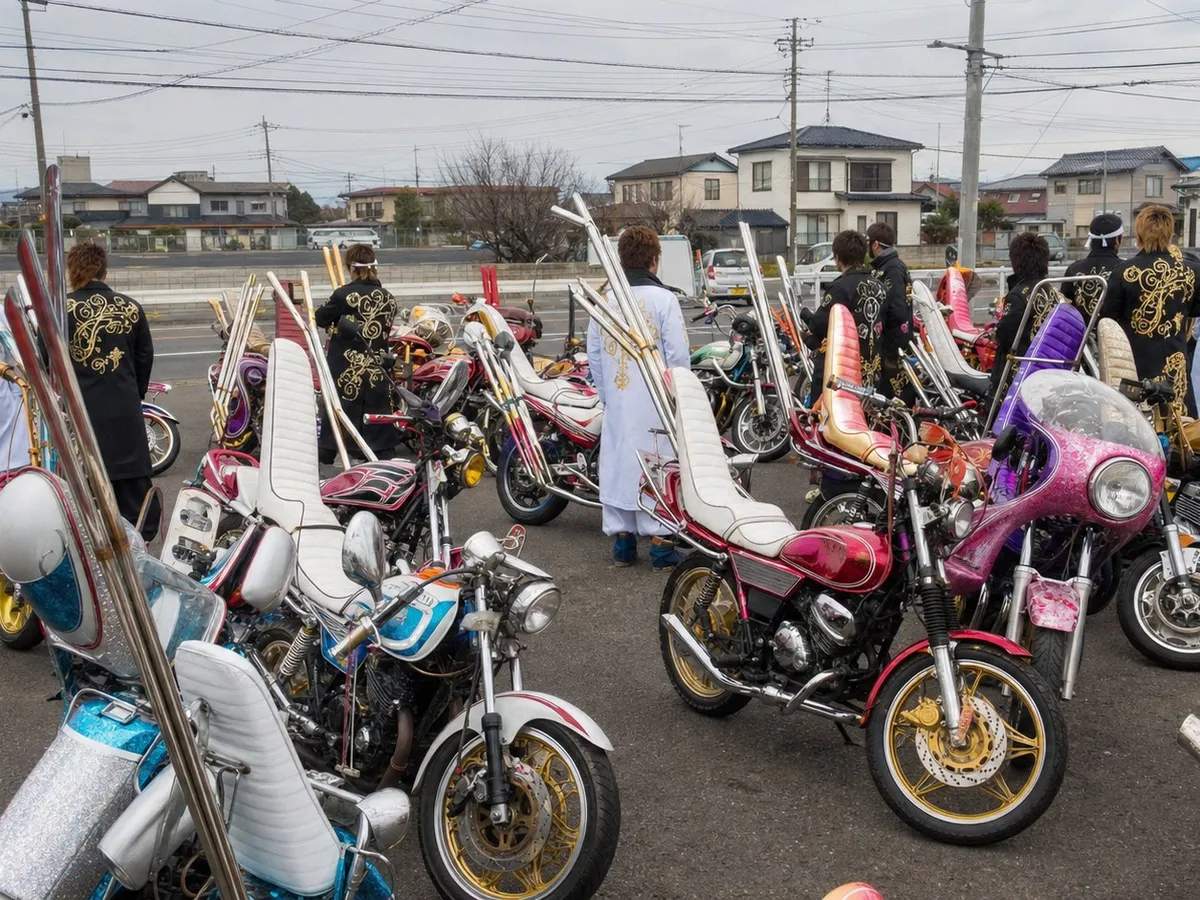 A photograph of a suburban parking area under a flat overcast sky, packed with about twenty extravagantly customised motorcycles parked at careless angles. Each machine differs from the others: towering three-tier stepped seats with tall padded backrests, narrow pull-back handlebars, bulbous rocket-shaped cowls and enormous chrome exhaust pipes sweeping up and back above the rear wheels, finished in candy metalflake pink, sky blue, purple, crimson, white and gold. Several young riders in long boxy white and black coats with bold gold embroidery stand among the machines, all seen from behind or with heads turned away so that no face is visible. Low houses and power lines run along the horizon. AI-generated photo illustration; not a photograph of any real gathering.