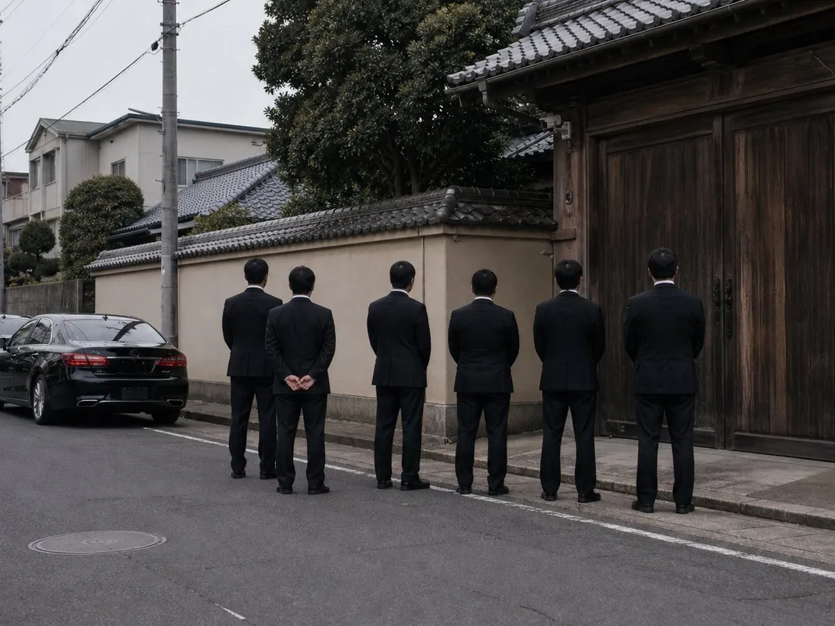 A photograph of the closed front gate of a large walled compound on a quiet Japanese residential street under flat overcast light. A high plastered wall topped with grey roof tiles runs along the pavement to a heavy dark wooden gate, shut, with two small security cameras on brackets angled down at it and a blank white paper notice pasted to the gatepost. Four polished black sedans stand nose to tail along the kerb. Six men in plain black suits wait in a loose line on the pavement facing the gate, all seen from behind; no faces are visible. AI-generated photo illustration; not a photograph of any real premises, organisation or person.
