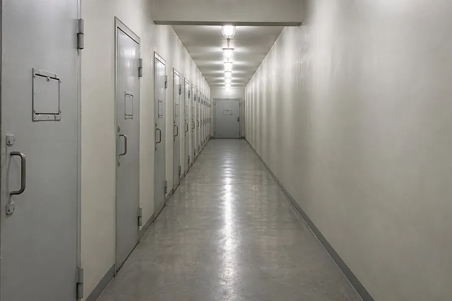 A photograph looking straight down a long internal corridor in an ageing detention facility. Heavy pale grey steel doors, each with a small closed inspection hatch, line the left wall at regular intervals; a plain painted concrete wall runs along the right. The polished grey floor reflects a receding line of caged ceiling lights, and the corridor ends in a closed door. Cold even light, no shadows, no people. AI-generated photo illustration; not a photograph of any real facility.