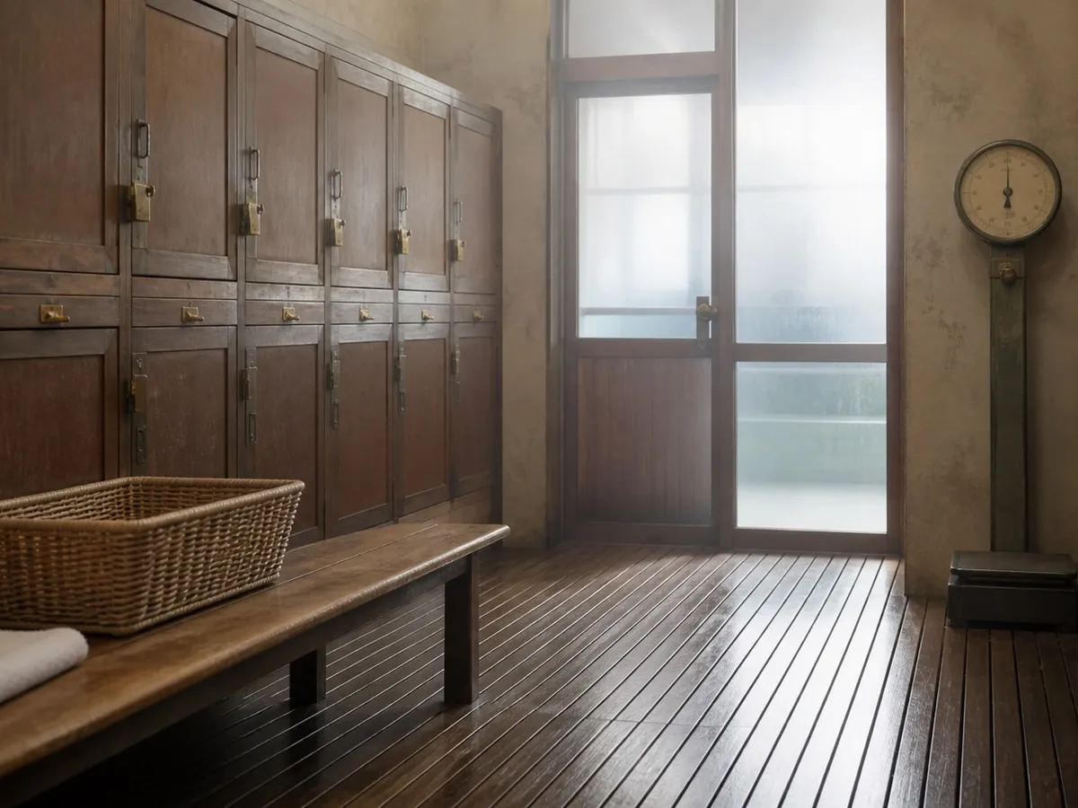A photograph of the empty changing room of an old public bathhouse. Rows of wooden locker doors with worn brass fittings line the walls, a woven rattan basket sits on a low bench beside a folded white towel, and a tall analogue scale stands in the corner. A slatted wooden floor leads to a frosted glass door at the far end, through which pale light comes. The room is deserted. AI-generated photo illustration; not a photograph of any real bathhouse.