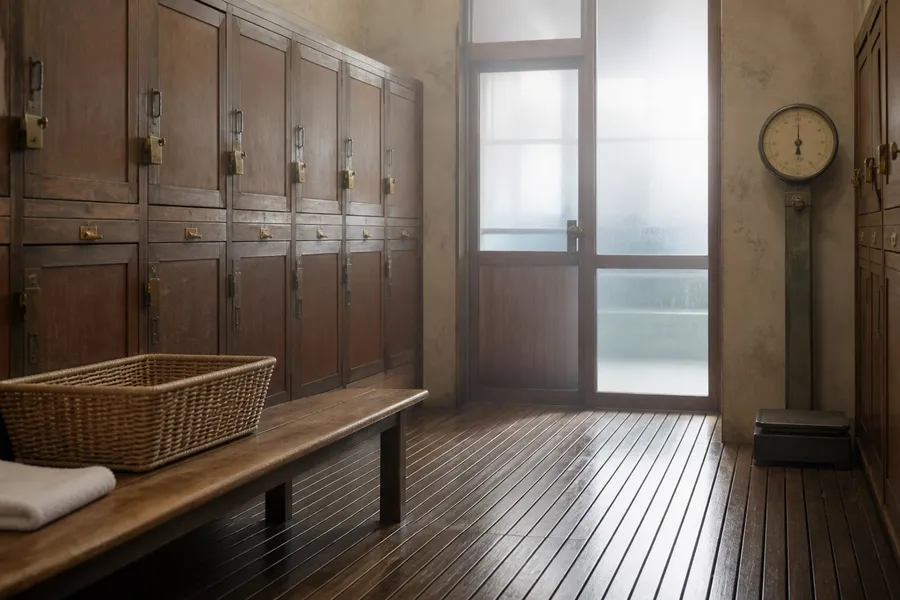 A photograph of the empty changing room of an old public bathhouse. Rows of wooden locker doors with worn brass fittings line the walls, a woven rattan basket sits on a low bench beside a folded white towel, and a tall analogue scale stands in the corner. A slatted wooden floor leads to a frosted glass door at the far end, through which pale light comes. The room is deserted. AI-generated photo illustration; not a photograph of any real bathhouse.