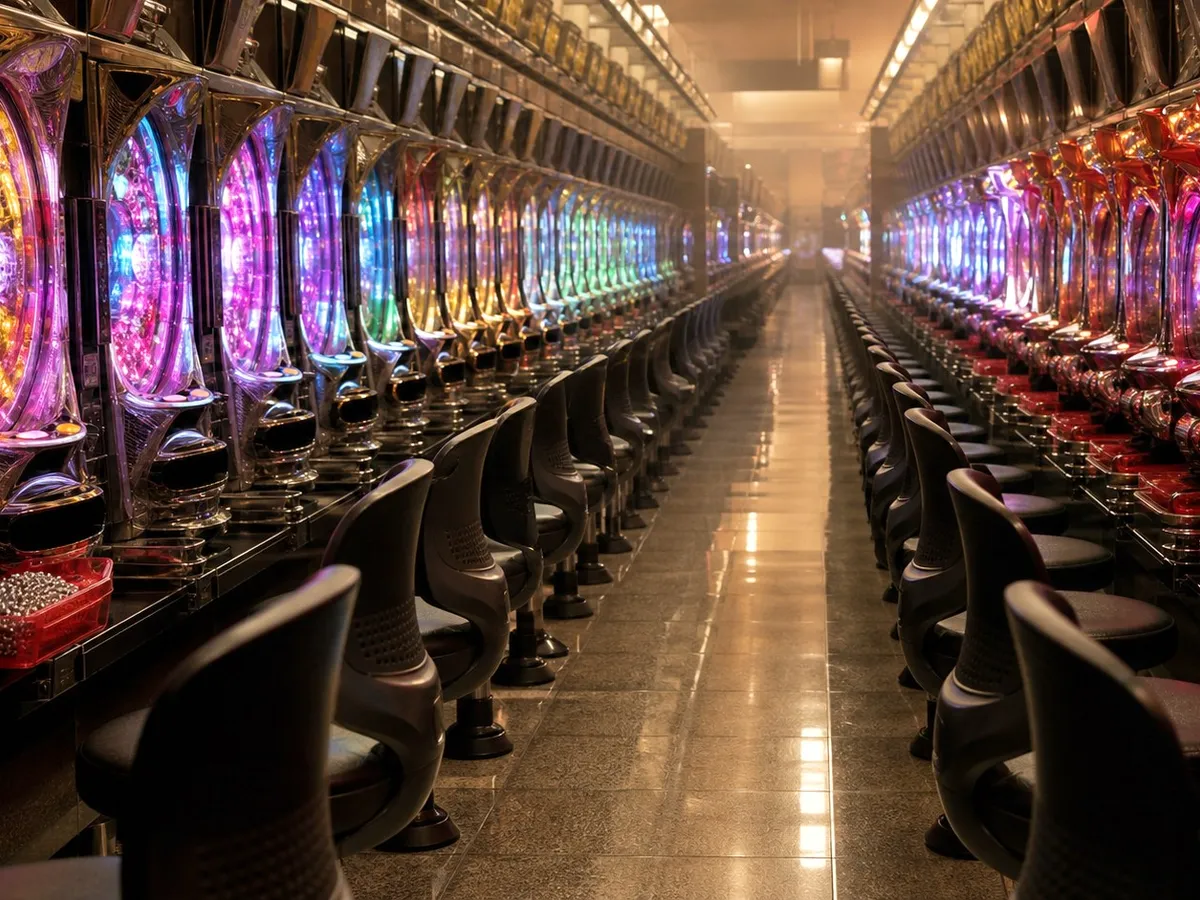 A photograph looking down a long aisle between two facing banks of pachinko machines in an empty parlour. The machine panels glow in saturated reds, purples and blues, their chrome trays and handles catching the light, and the polished floor reflects the colour back. Every seat in the aisle is empty and a single small tray of steel balls sits abandoned on one shelf. The far end of the aisle falls away into haze. No people are present. AI-generated photo illustration; not a photograph of any real parlour.