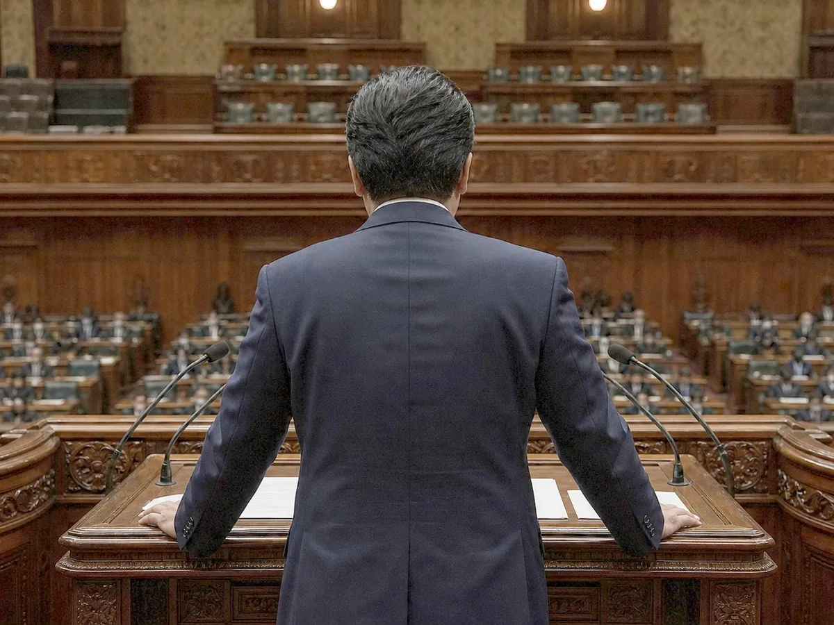 A photograph of the main debating chamber of a Japanese parliament, taken from behind and slightly above the speaking rostrum. In the foreground a man in a dark navy suit stands at an ornately carved dark wood rostrum with both hands resting on it and papers open in front of him, two slim microphones angled toward him; he is seen from directly behind, so only the back of his head and his shoulders are visible and no face can be seen. Beyond the rostrum, tiers of polished wooden desks and dark green upholstered seats curve away into the chamber, occupied by seated figures too distant and too dimly lit for any features to be made out. AI-generated photo illustration; not a photograph of any real person, sitting or chamber.