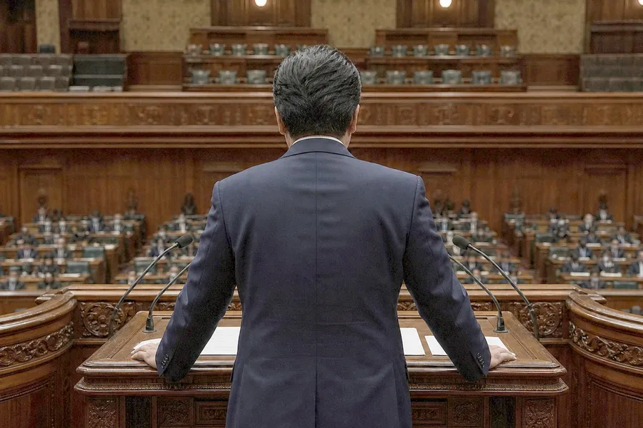 A photograph of the main debating chamber of a Japanese parliament, taken from behind and slightly above the speaking rostrum. In the foreground a man in a dark navy suit stands at an ornately carved dark wood rostrum with both hands resting on it and papers open in front of him, two slim microphones angled toward him; he is seen from directly behind, so only the back of his head and his shoulders are visible and no face can be seen. Beyond the rostrum, tiers of polished wooden desks and dark green upholstered seats curve away into the chamber, occupied by seated figures too distant and too dimly lit for any features to be made out. AI-generated photo illustration; not a photograph of any real person, sitting or chamber.